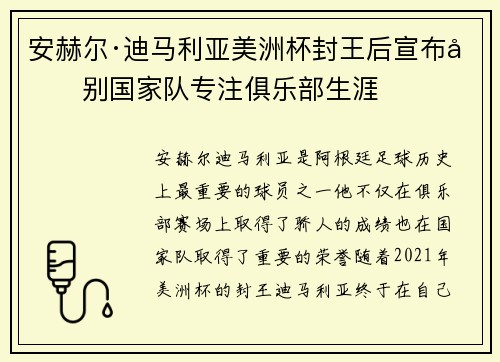 安赫尔·迪马利亚美洲杯封王后宣布告别国家队专注俱乐部生涯 安赫尔·迪马利亚美洲杯封王后宣布告别国家队专注俱乐部生涯